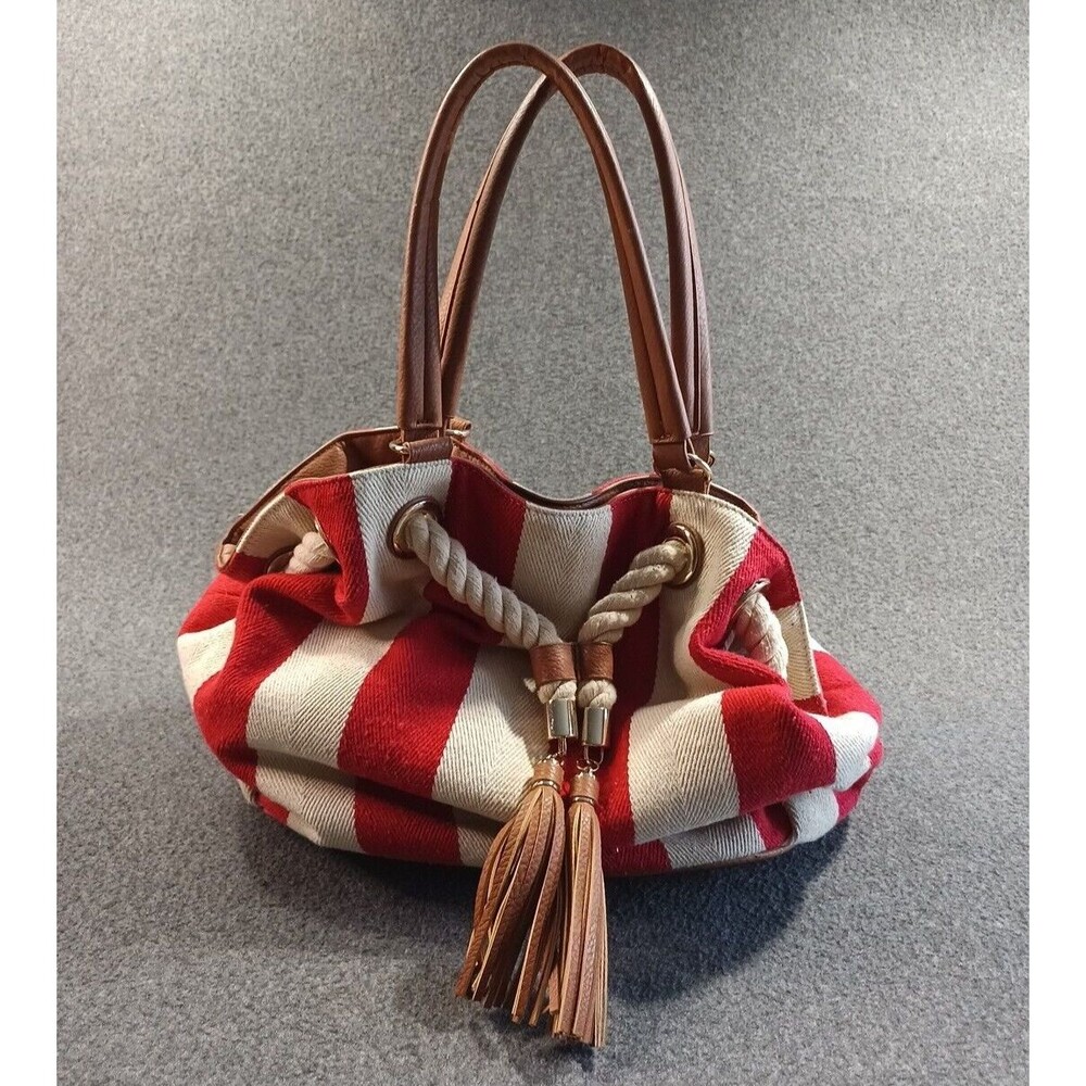 Just Fab Jonah Red/Ivory Striped Canvas Tote Bag Rope Faux Leather Tassels Gold